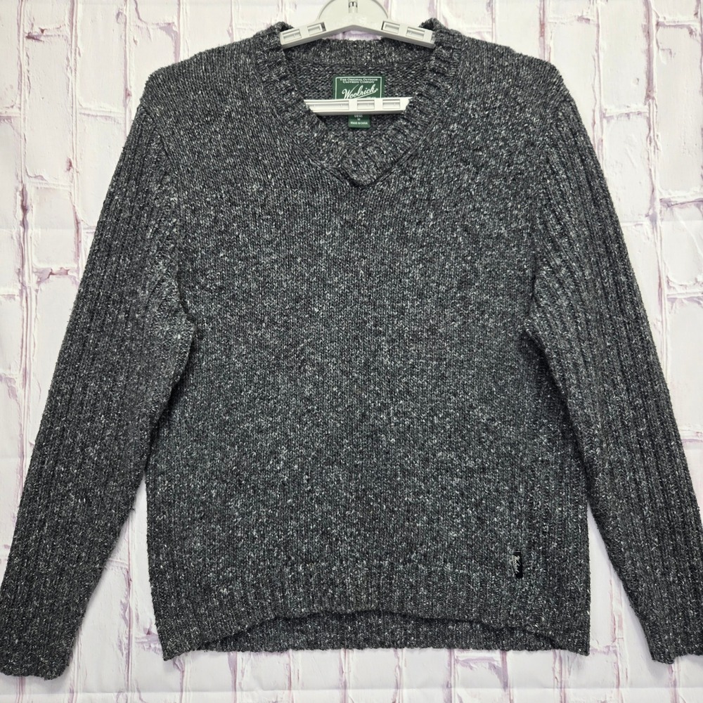 Woolrich VNeck Sweater Onyx Heather Ribbed Knit Cotton Wool Blend Pullover Men M